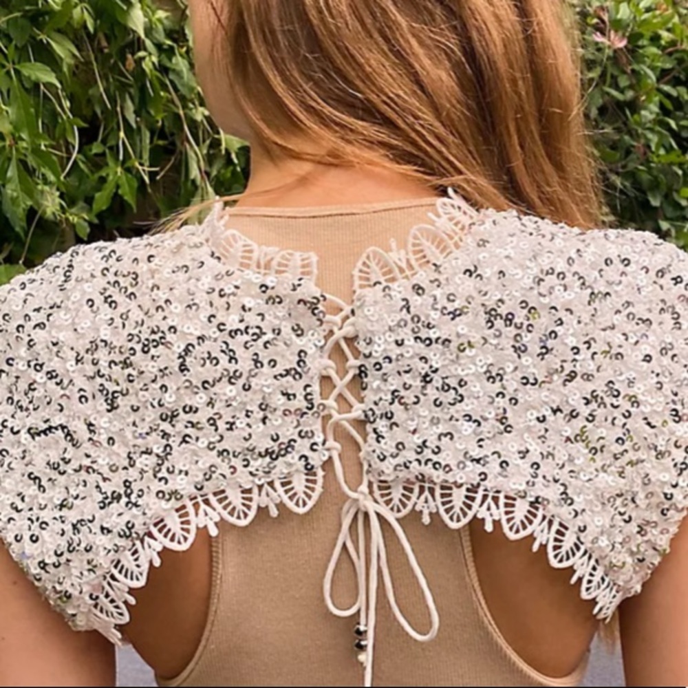 IXIAH x Free People Lacuna Sequin 4 | Sm Silver White Lace Overpiece Tie Top - Picture 10 of 13